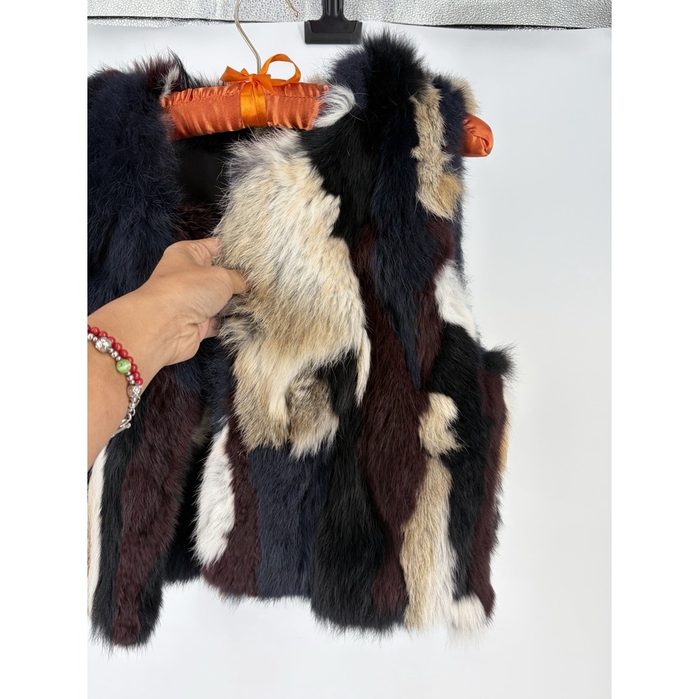525 America Luxe Fur Vest Women's Sm Multicolor Real Dyed Rabbit Fur Patchwork - Picture 2 of 8